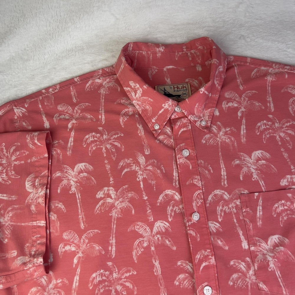 Huk Shirt Mens 2XL‎ Pink Palm Tree Print Short Sleeve Button Up Fishing